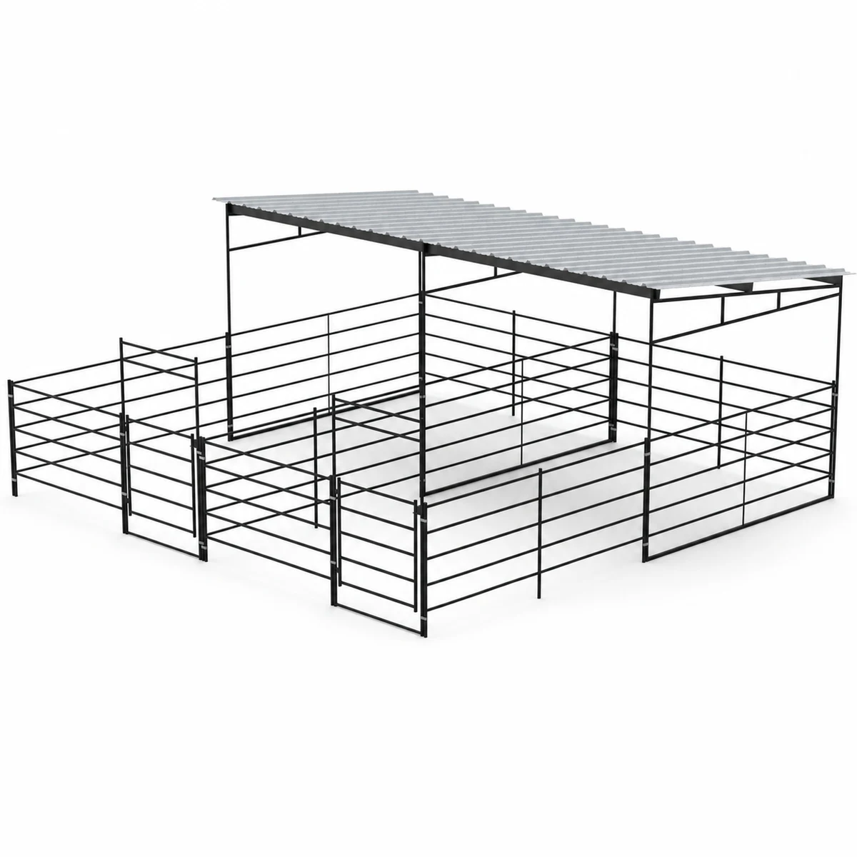Two 12x24 Stalls Side by Side, Sloped 12x12 Shelters 5 Rail