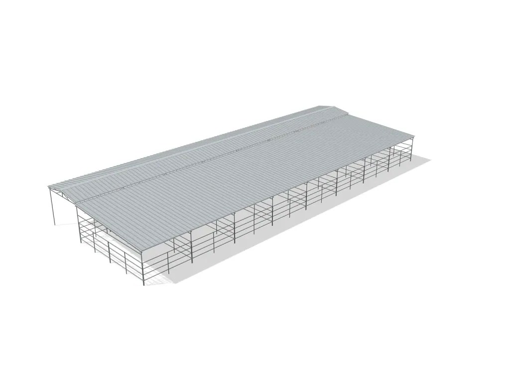 8-stall shed row mare motel, 12 by 24 ft stalls, 12 ft aisle, 4 rail, full roof, bare metal.
