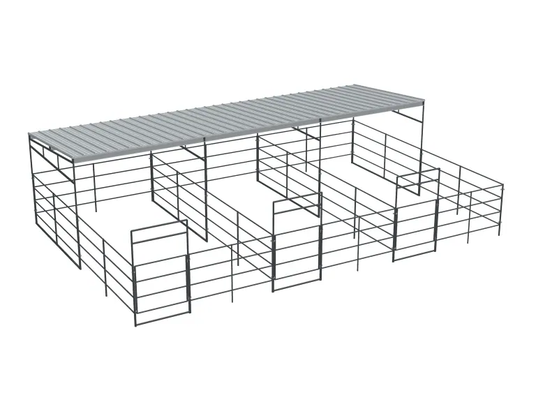 3-Stall 12x24, 4-Rail, Half Covered, Sloped Roof