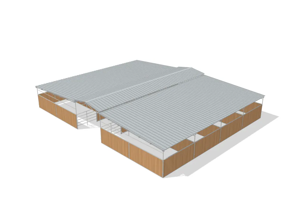 8-stall center aisle mare motel, 12 by 24 ft stalls, 12 ft aisle, Heritage wood board, full roof, dapple grey.
