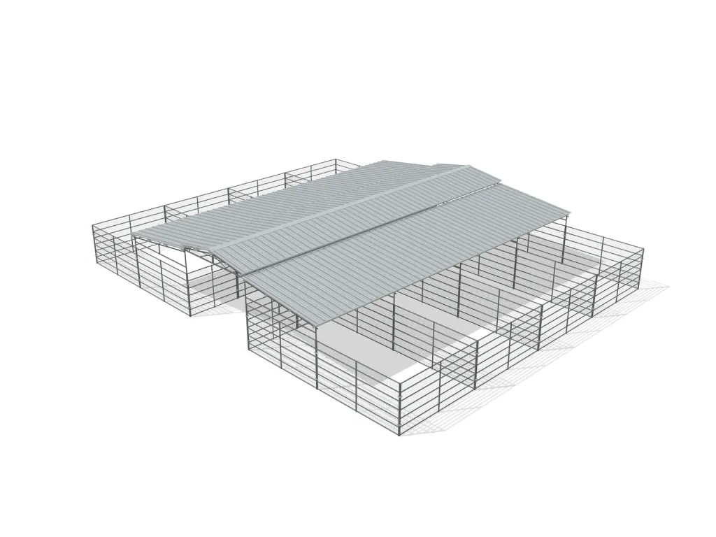 8-stall center aisle mare motel, 12 by 24 ft stalls, 12 ft aisle, Welded wire 6 ft, partially covered with open rear runs, bare metal.
