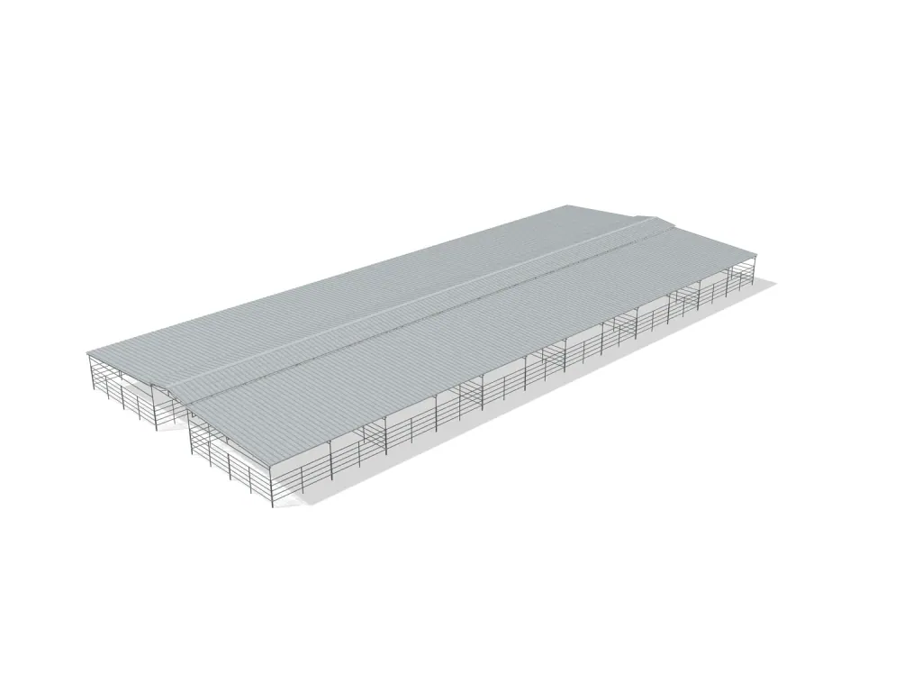 12-stall center aisle mare motel, 24 by 24 ft stalls, 12 ft aisle, 5 rail, full roof, bare metal.