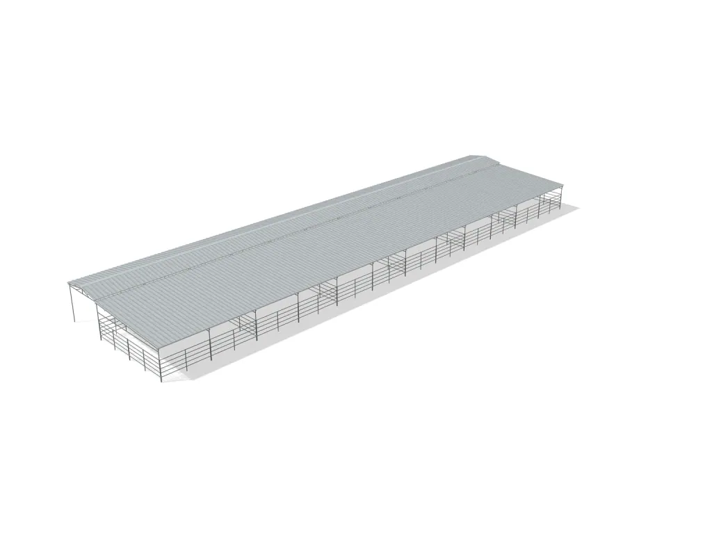 6-stall shed row mare motel, 24 by 24 ft stalls, 12 ft aisle, 5 rail, full roof, bare metal.