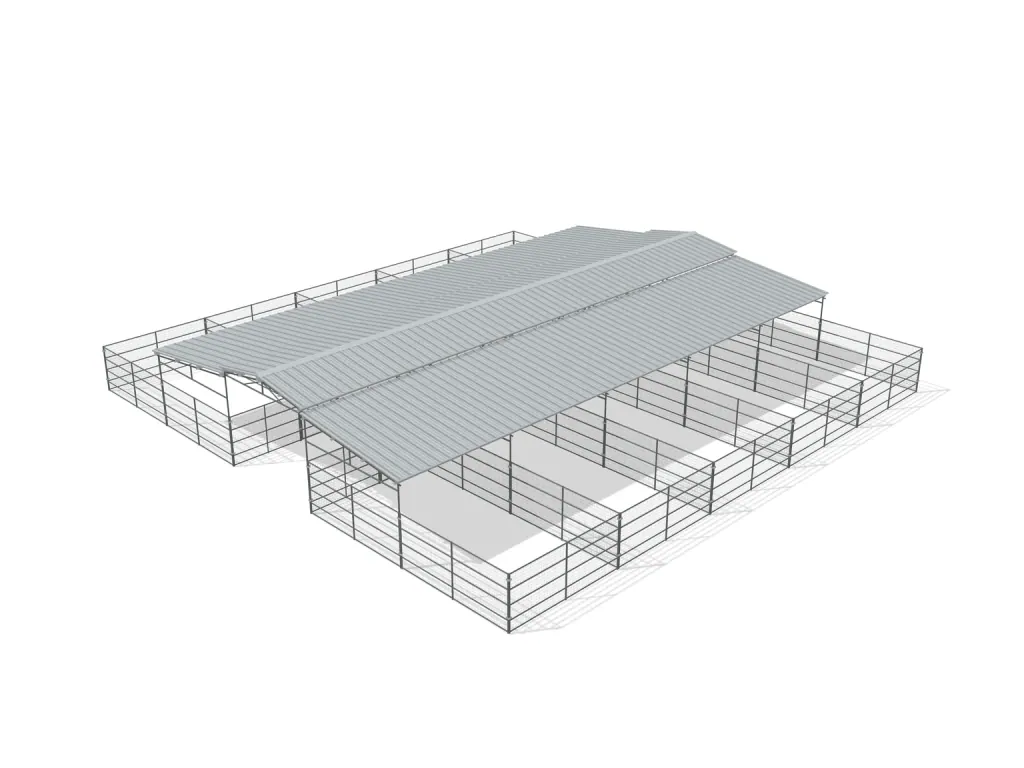 10-stall center aisle mare motel, 12 by 24 ft stalls, 12 ft aisle, Welded wire 5 ft, partially covered with open rear runs, bare metal.