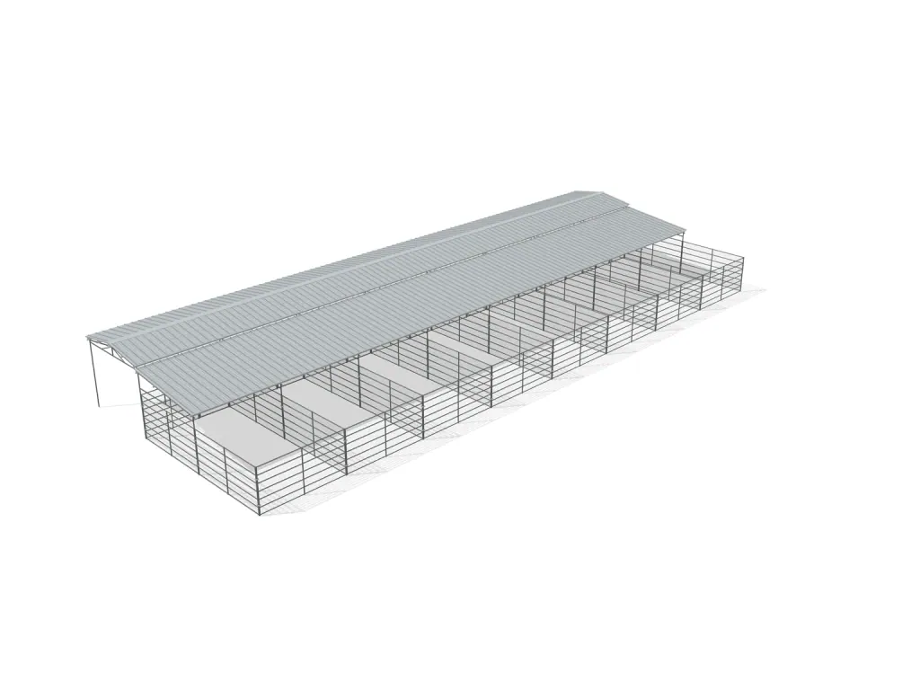 8-stall shed row mare motel, 12 by 24 ft stalls, 12 ft aisle, Welded wire 6 ft, partially covered with open rear runs, bare metal.