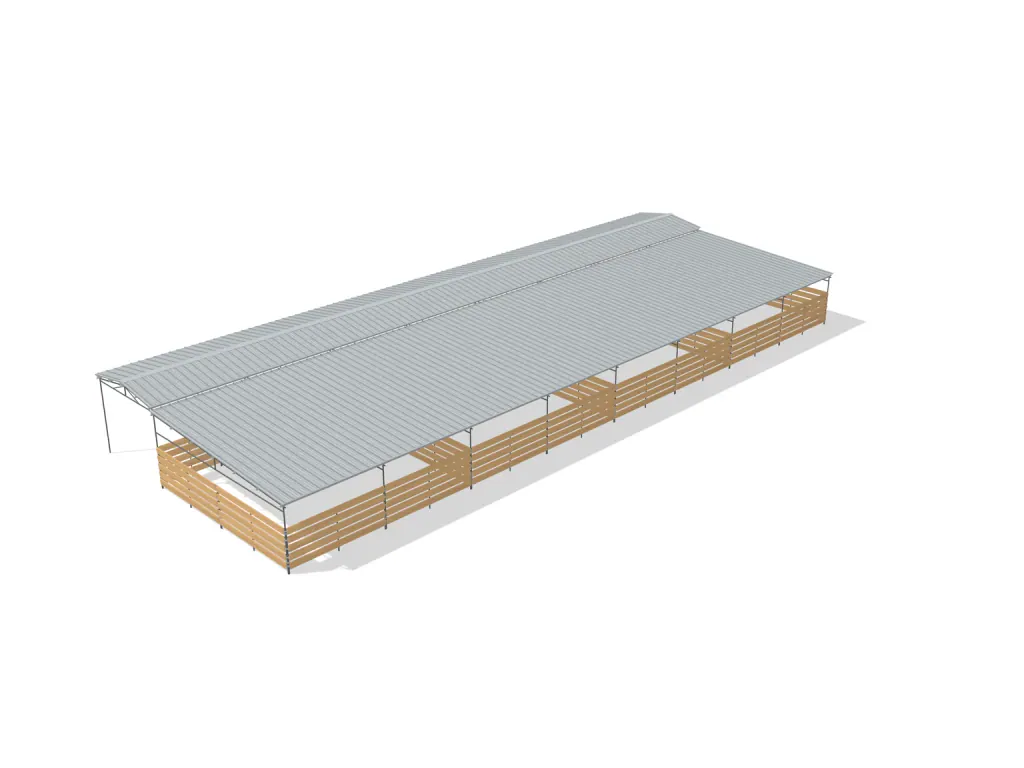 4-stall shed row mare motel, 24 by 24 ft stalls, 12 ft aisle, Wood insert, full roof, bare metal.