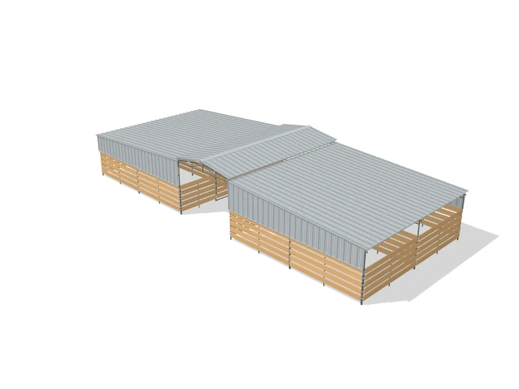 4-stall center aisle mare motel, 12 by 24 ft stalls, 12 ft aisle, Wood insert + PBR siding, full roof, bare metal.