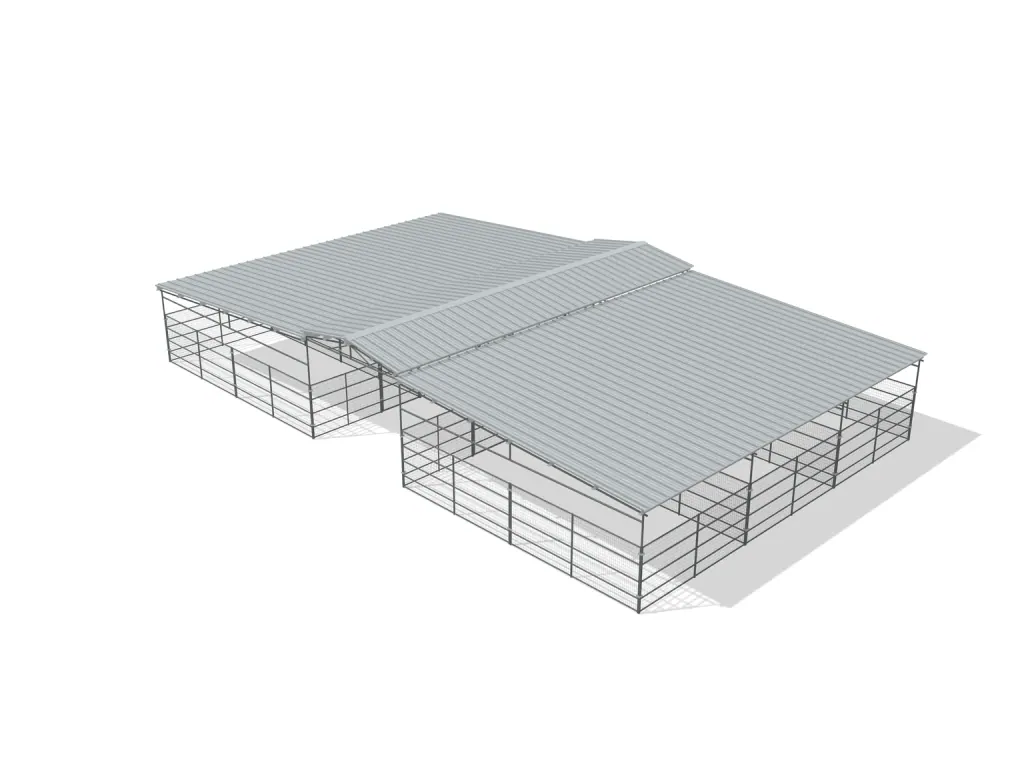 6-stall center aisle mare motel, 12 by 24 ft stalls, 12 ft aisle, Welded wire 5 ft, full roof, bare metal.