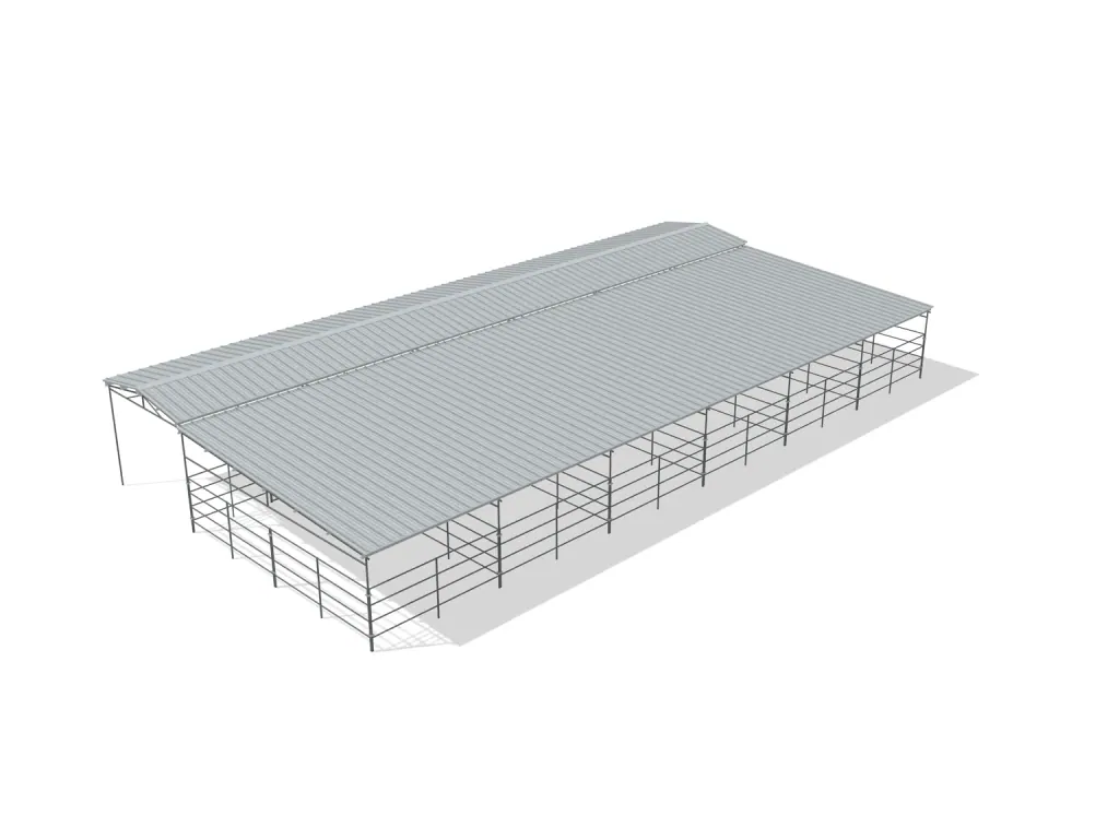 6-stall shed row mare motel, 12 by 24 ft stalls, 12 ft aisle, 4 rail, full roof, bare metal.