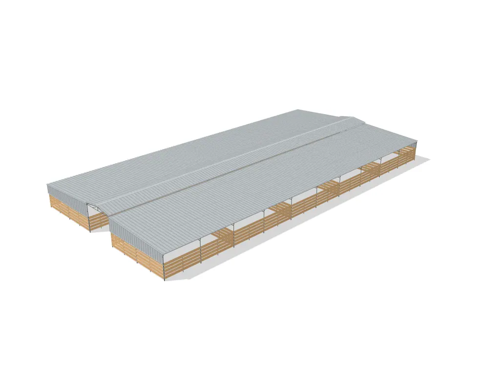 10-stall center aisle mare motel, 24 by 24 ft stalls, 12 ft aisle, Wood insert + PBR siding, full roof, bare metal.