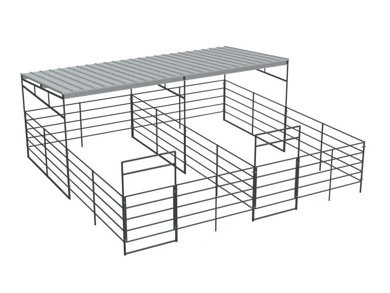 2-Stall 12x24, 5-Rail, Half Covered, Sloped Roof