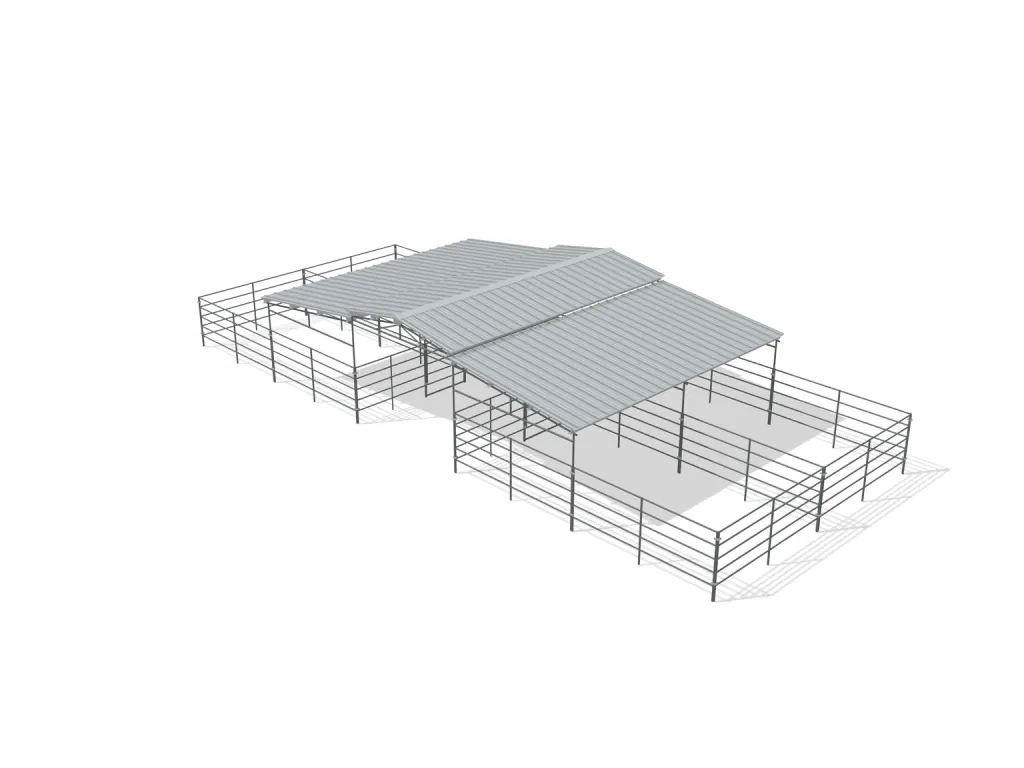 4-stall center aisle mare motel, 12 by 24 ft stalls, 12 ft aisle, 5 rail, partially covered with open rear runs, bare metal.