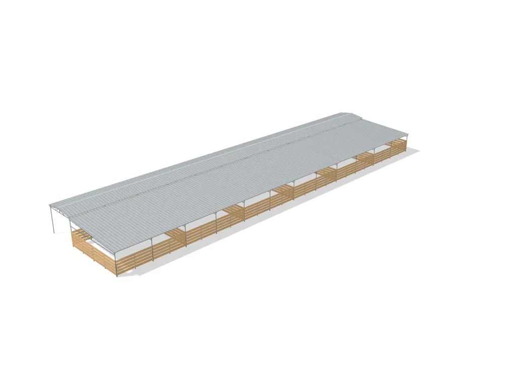 6-stall shed row mare motel, 24 by 24 ft stalls, 12 ft aisle, Wood insert, full roof, bare metal.