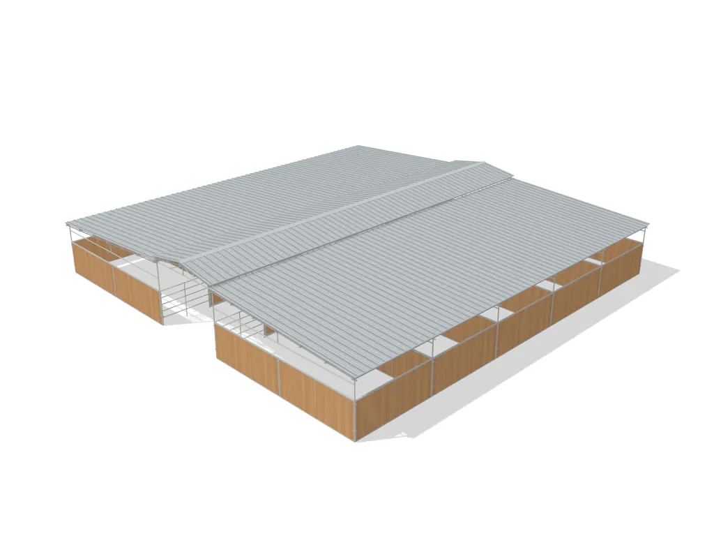 10-stall center aisle mare motel, 12 by 24 ft stalls, 12 ft aisle, Heritage wood board, full roof, dapple grey.