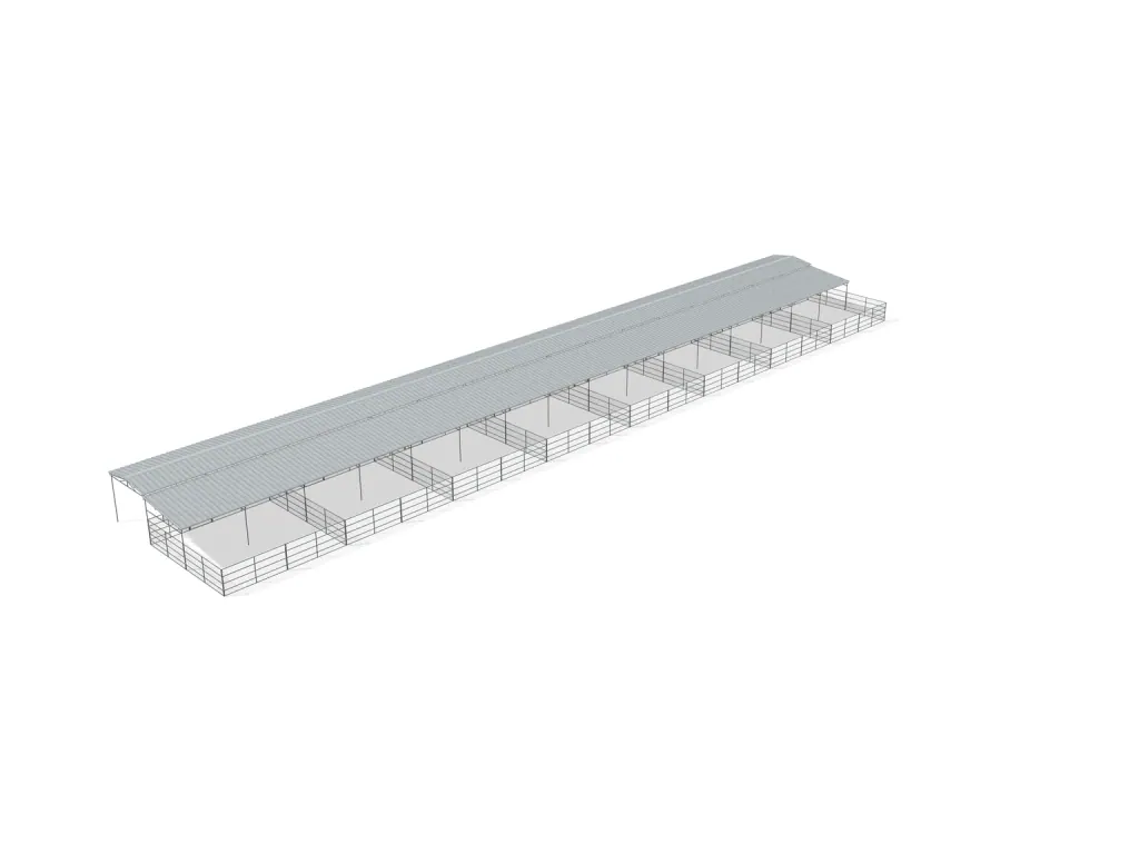 8-stall shed row mare motel, 24 by 24 ft stalls, 12 ft aisle, Welded wire 5 ft, partially covered with open rear runs, bare metal.