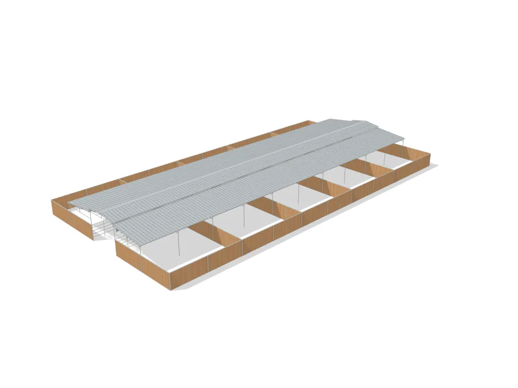 10-stall center aisle mare motel, 24 by 24 ft stalls, 12 ft aisle, Heritage wood board, partially covered with open rear runs, dapple grey.