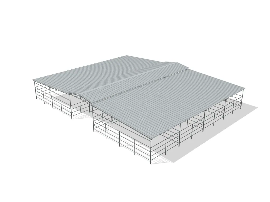 8-stall center aisle mare motel, 12 by 24 ft stalls, 12 ft aisle, 4 rail, full roof, bare metal.