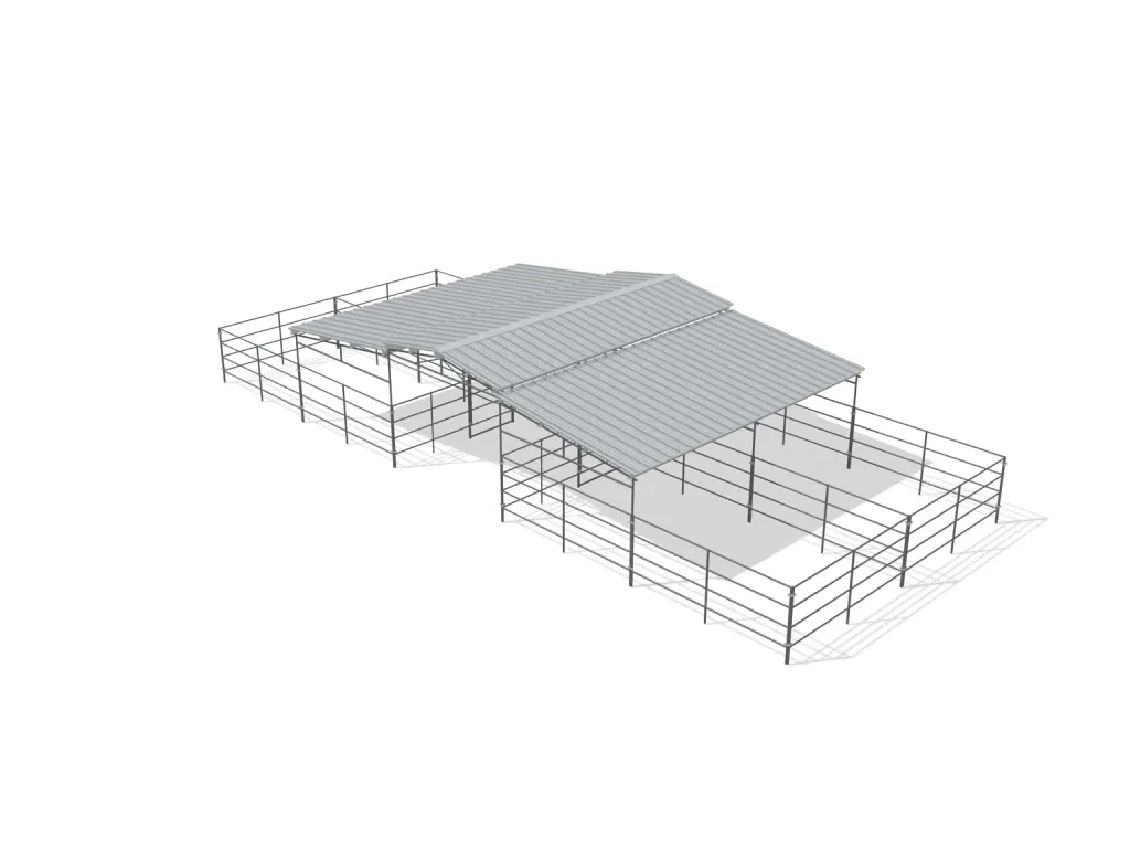 4-stall center aisle mare motel, 12 by 24 ft stalls, 12 ft aisle, 4 rail, partially covered with open rear runs, bare metal.