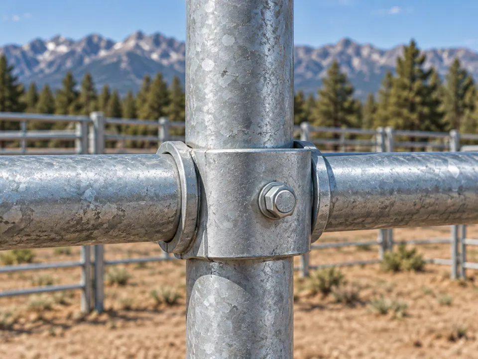 Galvanized clamp joining a steel corral post and rail