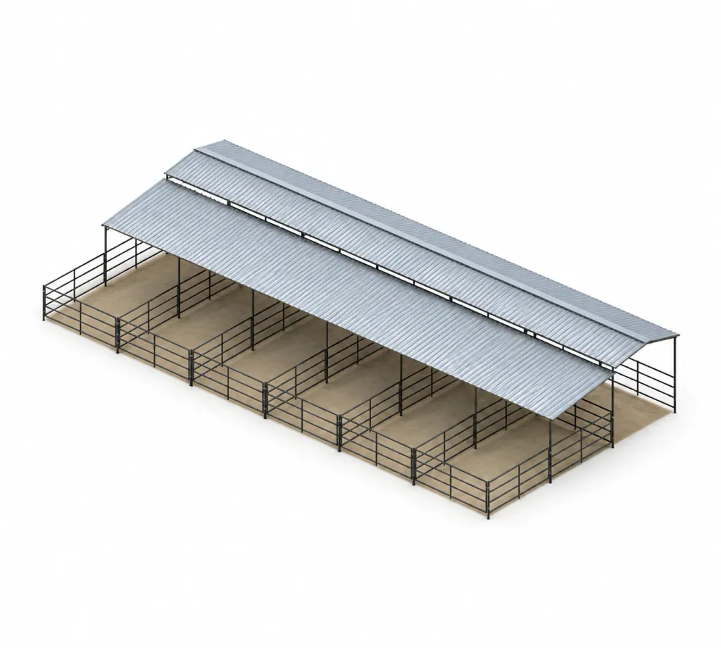 6-Stall 4-Rail Shed Row Mare Motel, 12x24 Stalls