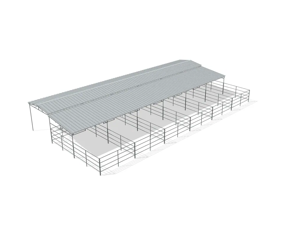 6-stall shed row mare motel, 12 by 24 ft stalls, 12 ft aisle, 4 rail, partially covered with open rear runs, bare metal.