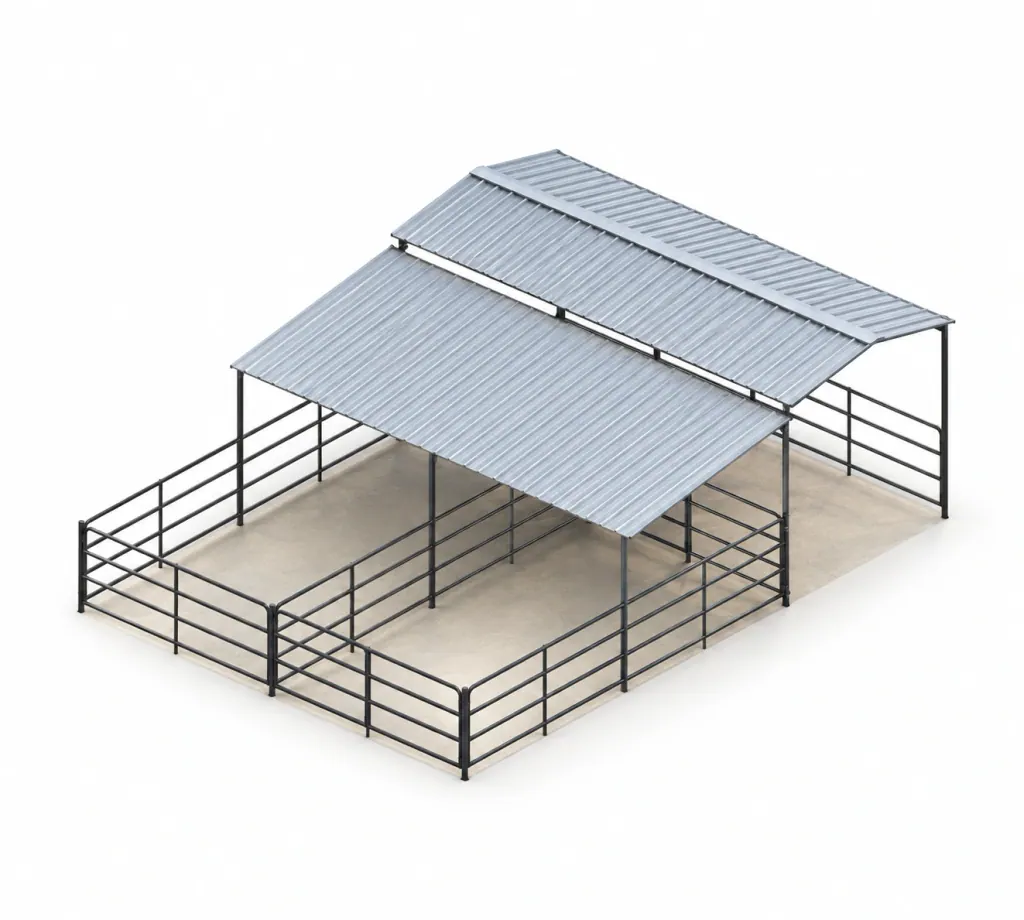 2-Stall 4-Rail Shed Row Mare Motel, 12x24 Stalls