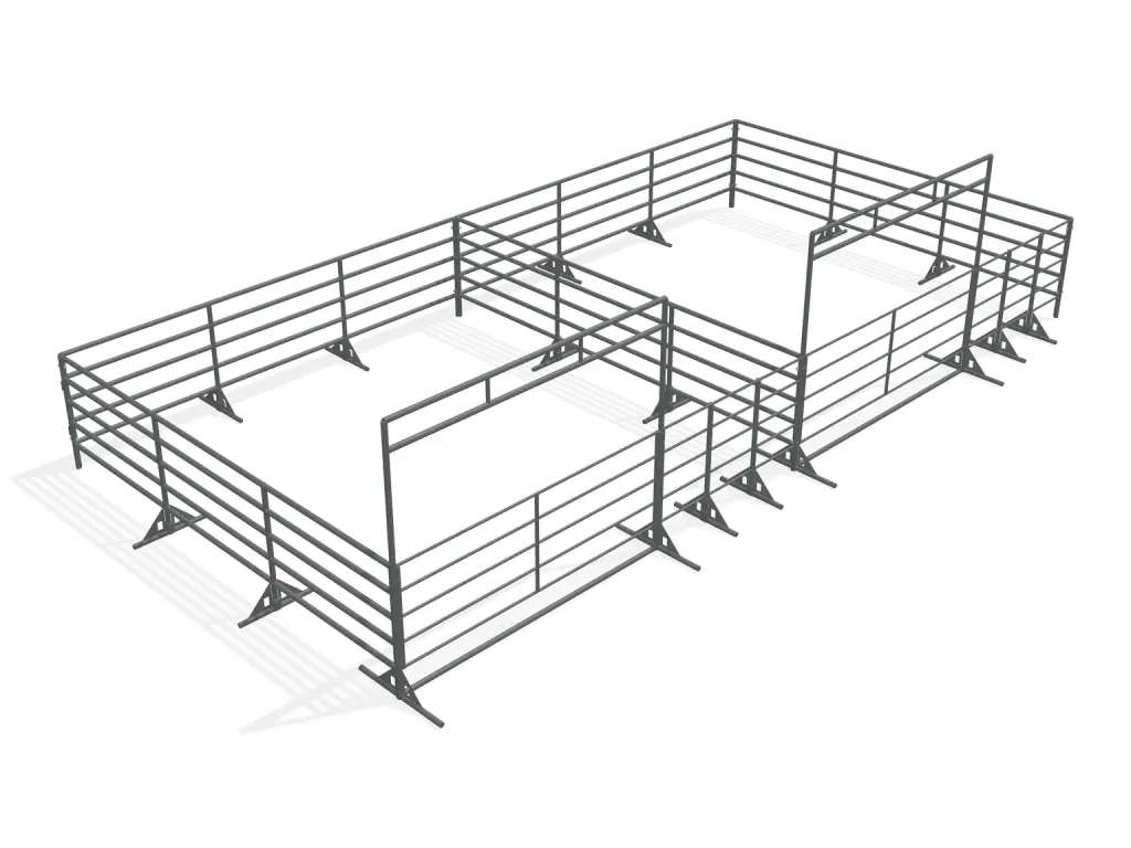 Two 20x20 Portable Cattle Corral System Side by Side — complete kit in bare metal