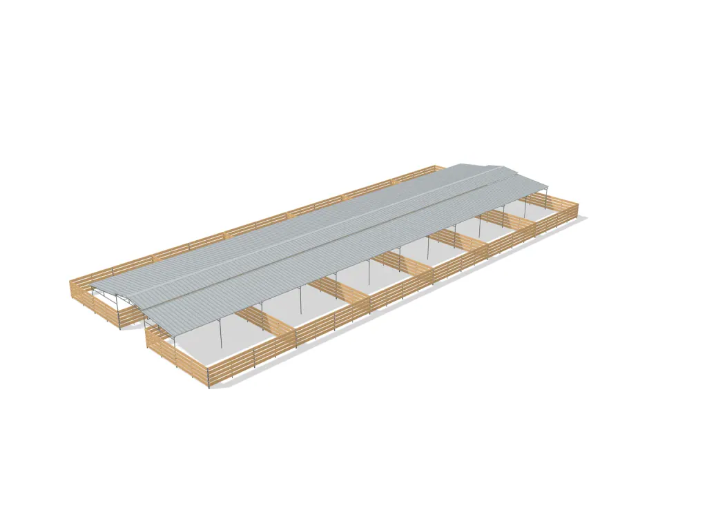 12-stall center aisle mare motel, 24 by 24 ft stalls, 12 ft aisle, Wood insert, partially covered with open rear runs, bare metal.