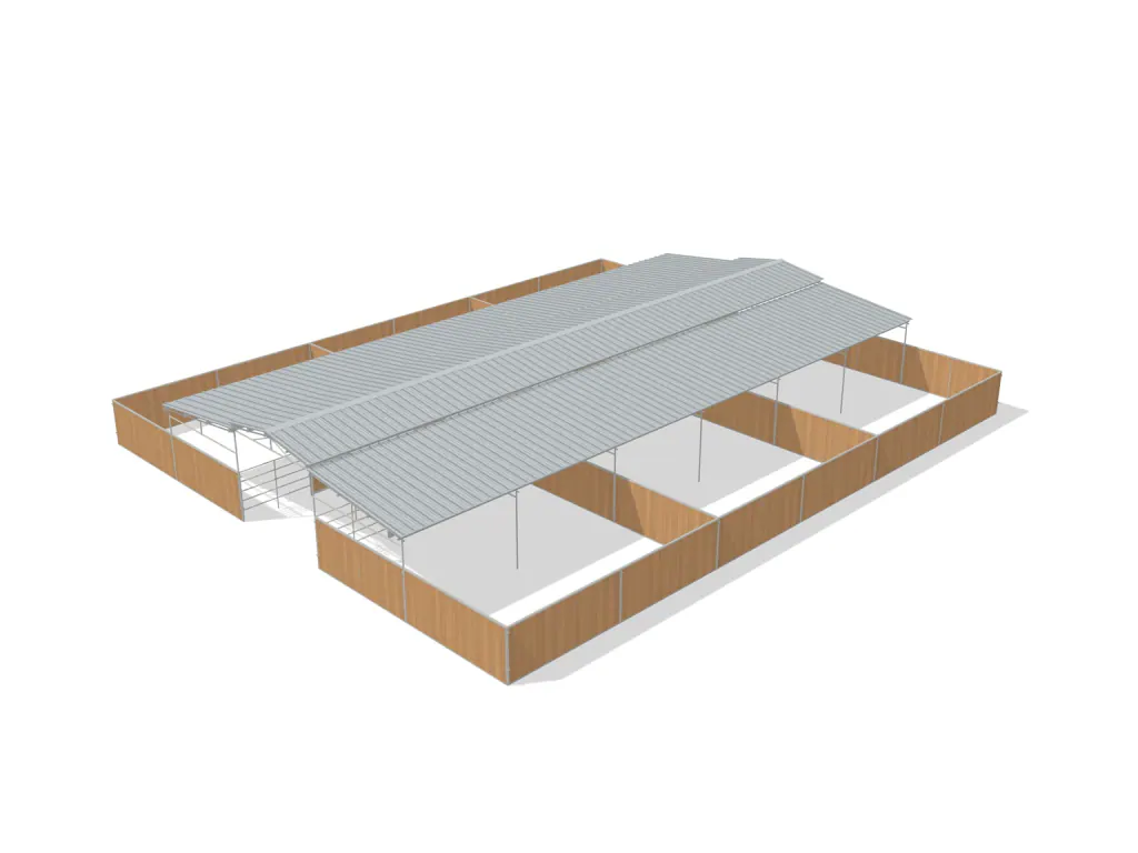 6-stall center aisle mare motel, 24 by 24 ft stalls, 12 ft aisle, Heritage wood board, partially covered with open rear runs, dapple grey.