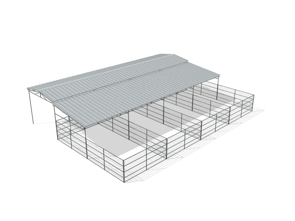 4-stall shed row mare motel, 12 by 24 ft stalls, 12 ft aisle, Welded wire 5 ft, partially covered with open rear runs, bare metal.