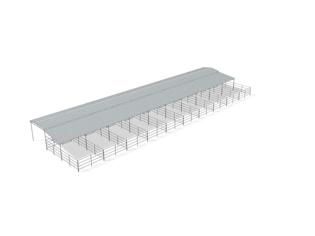 10-stall shed row mare motel, 12 by 24 ft stalls, 12 ft aisle, 4 rail, partially covered with open rear runs, bare metal.