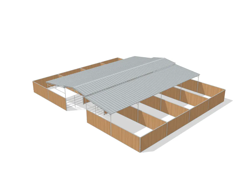 8-stall center aisle mare motel, 12 by 24 ft stalls, 12 ft aisle, Heritage wood board, partially covered with open rear runs, dapple grey.