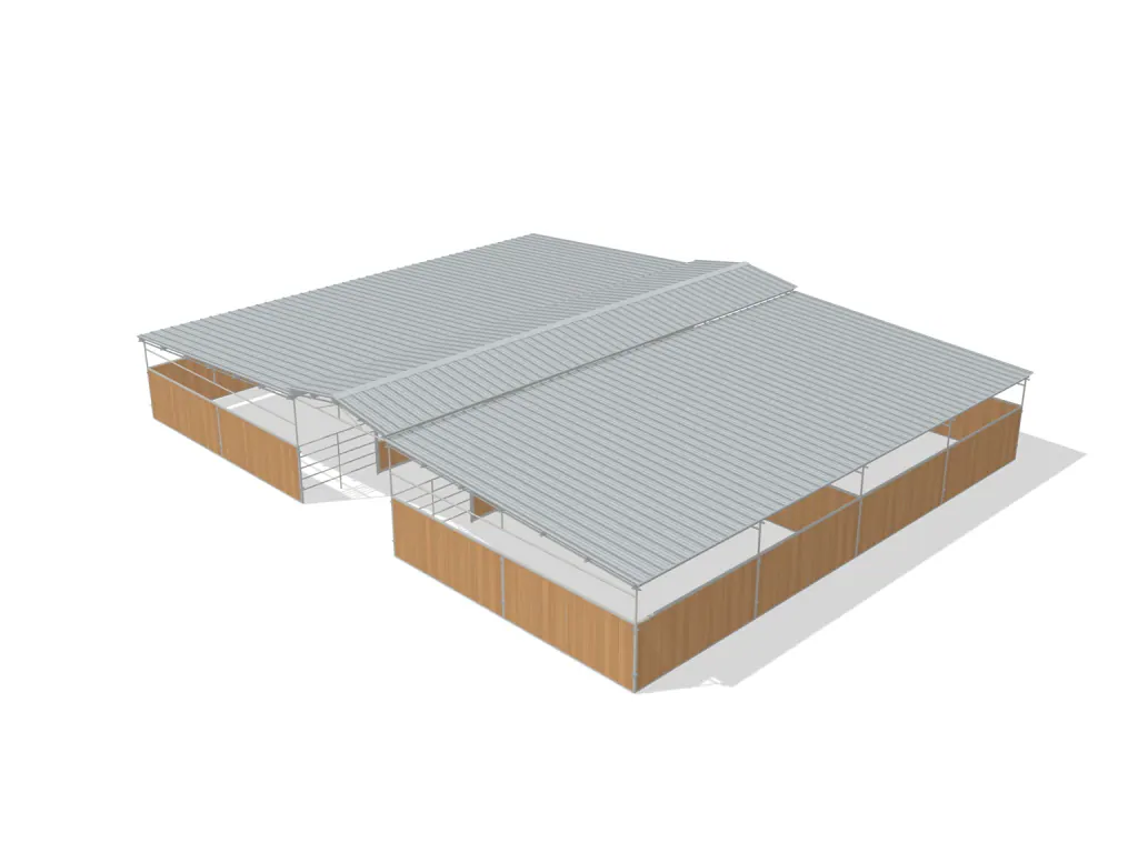 4-stall center aisle mare motel, 24 by 24 ft stalls, 12 ft aisle, Heritage wood board, full roof, dapple grey.