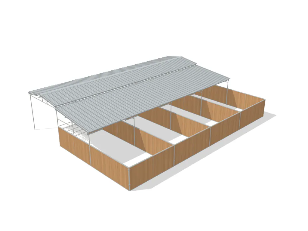 4-stall shed row mare motel, 12 by 24 ft stalls, 12 ft aisle, Heritage wood board, partially covered with open rear runs, dapple grey.
