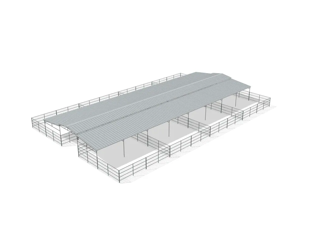 8-stall center aisle mare motel, 24 by 24 ft stalls, 12 ft aisle, Welded wire 5 ft, partially covered with open rear runs, bare metal.