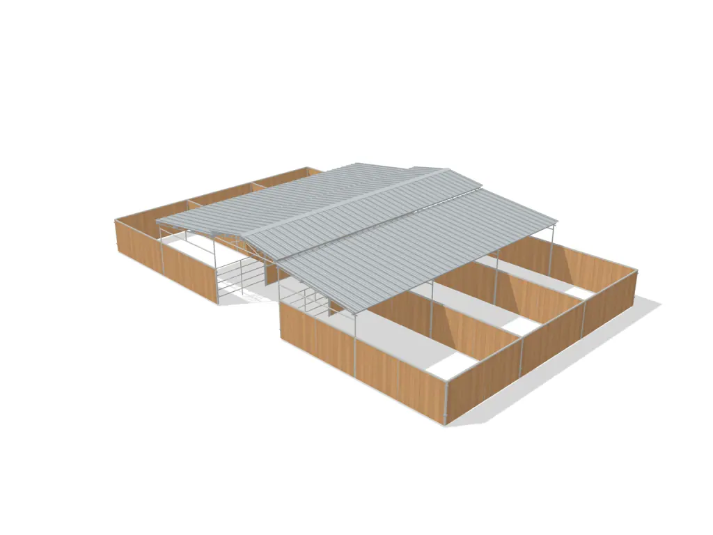 6-stall center aisle mare motel, 12 by 24 ft stalls, 12 ft aisle, Heritage wood board, partially covered with open rear runs, dapple grey.