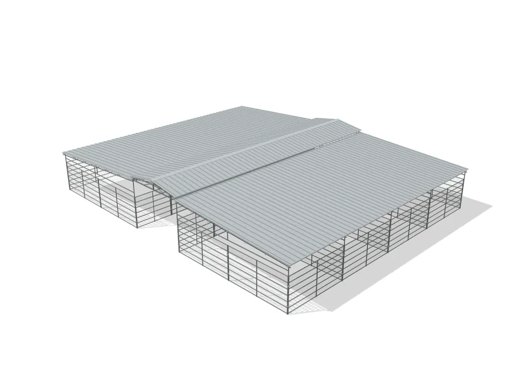 8-stall center aisle mare motel, 12 by 24 ft stalls, 12 ft aisle, Welded wire 6 ft, full roof, bare metal.