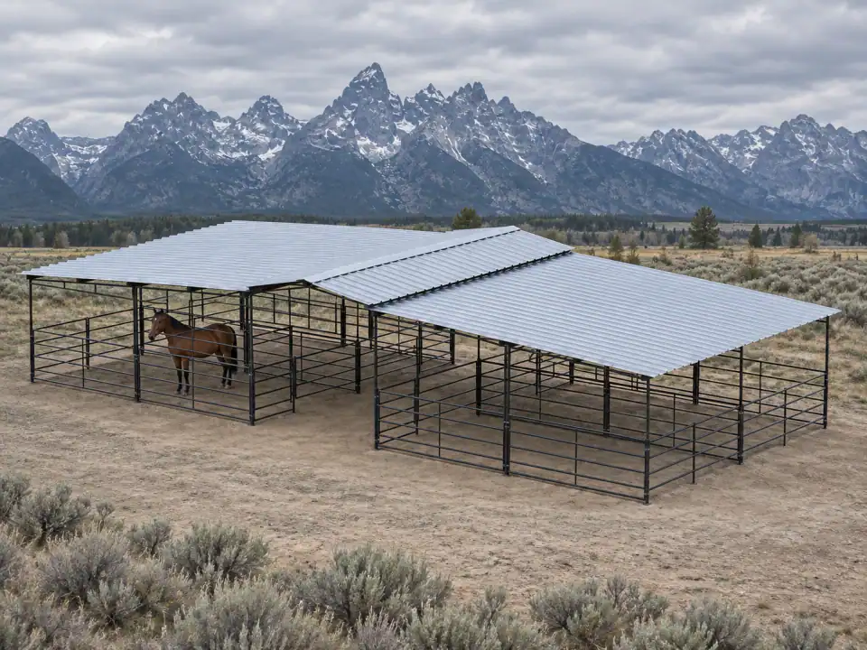 Four open-rail horse stalls under a silver metal roof with a covered central breezeway below the Teton mountains