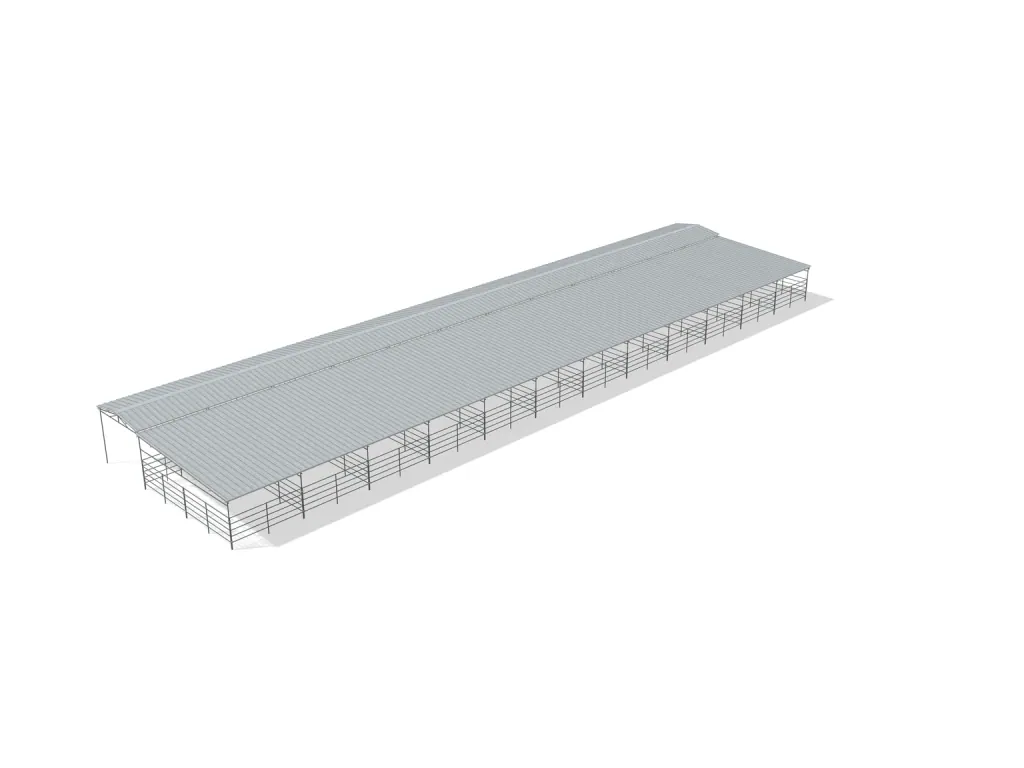 12-stall shed row mare motel, 12 by 24 ft stalls, 12 ft aisle, 5 rail, full roof, bare metal.