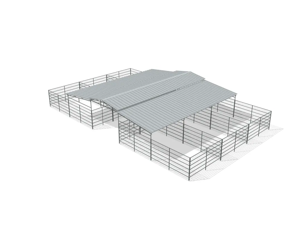 6-stall center aisle mare motel, 12 by 24 ft stalls, 12 ft aisle, Welded wire 6 ft, partially covered with open rear runs, bare metal.