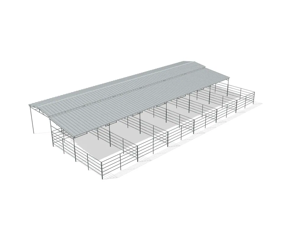 6-stall shed row mare motel, 12 by 24 ft stalls, 12 ft aisle, 5 rail, partially covered with open rear runs, bare metal.