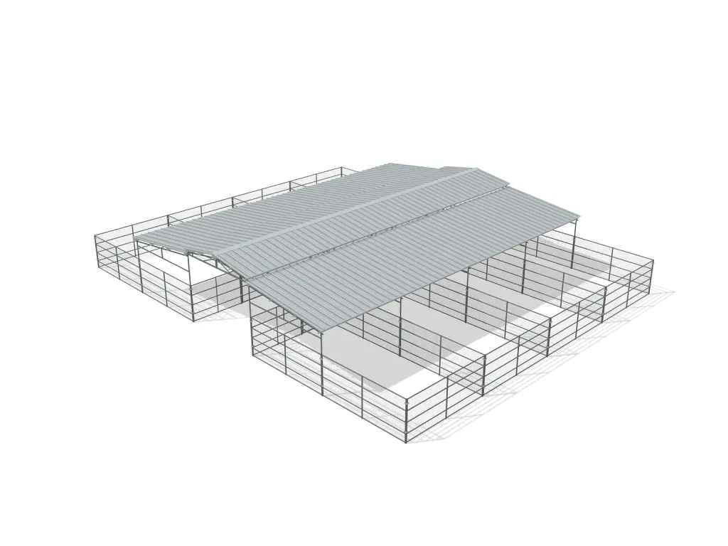 8-stall center aisle mare motel, 12 by 24 ft stalls, 12 ft aisle, Welded wire 5 ft, partially covered with open rear runs, bare metal.