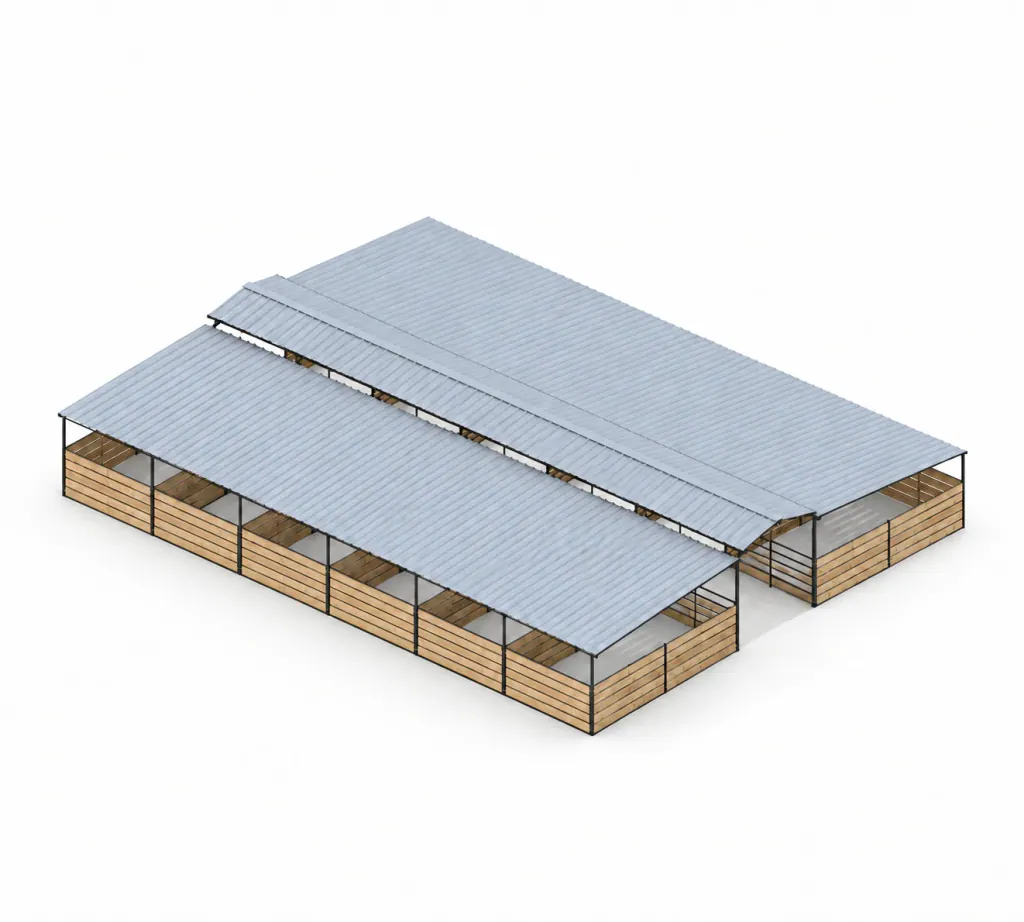 12-Stall Fully Covered Wood-Insert Mare Motel, 12x24 Stalls