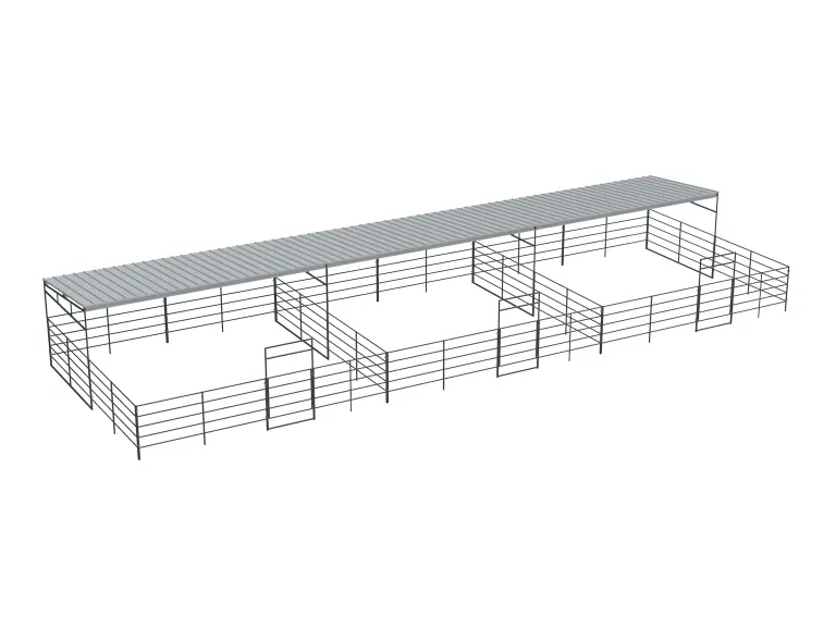 3-Stall 24x24, 5-Rail, Half Covered, Sloped Roof