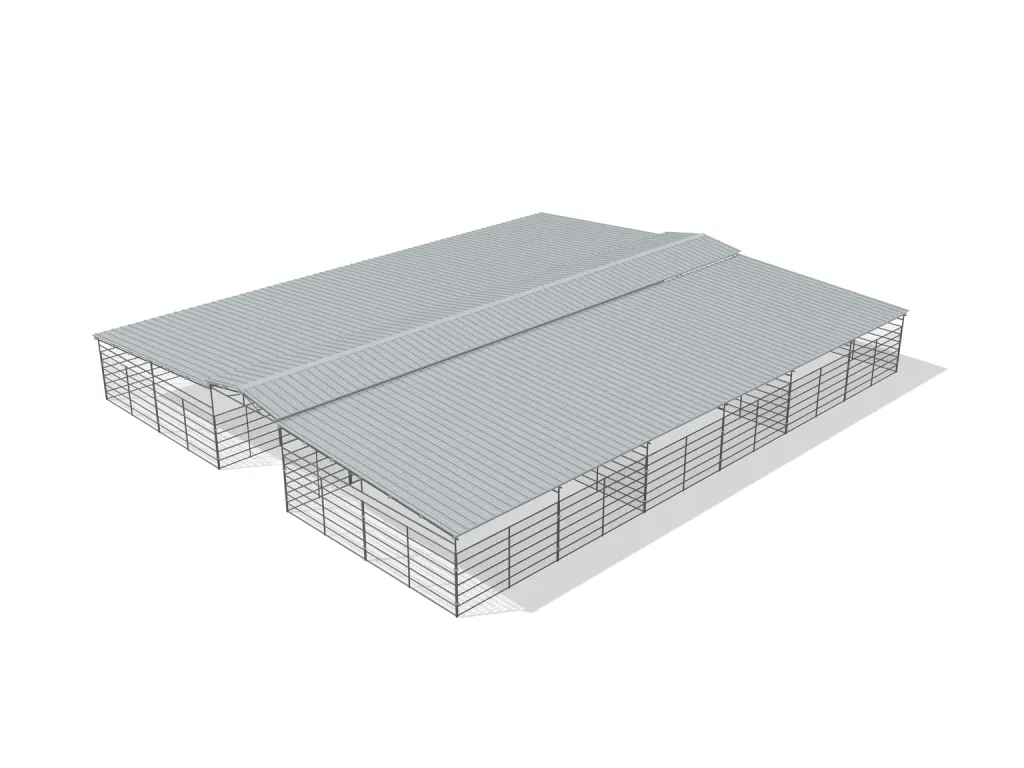 6-stall center aisle mare motel, 24 by 24 ft stalls, 12 ft aisle, Welded wire 6 ft, full roof, bare metal.