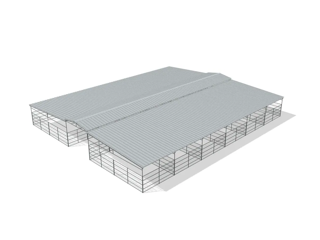12-stall center aisle mare motel, 12 by 24 ft stalls, 12 ft aisle, Welded wire 5 ft, full roof, bare metal.