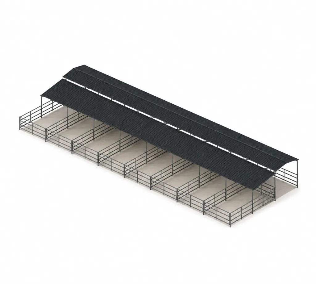 8-Stall Wood-Insert Shed Row Mare Motel, 12x24 Stalls