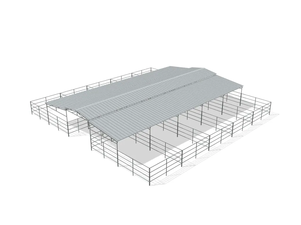 10-stall center aisle mare motel, 12 by 24 ft stalls, 12 ft aisle, 4 rail, partially covered with open rear runs, bare metal.