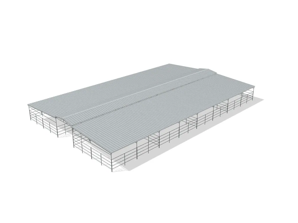 8-stall center aisle mare motel, 24 by 24 ft stalls, 12 ft aisle, 4 rail, full roof, bare metal.
