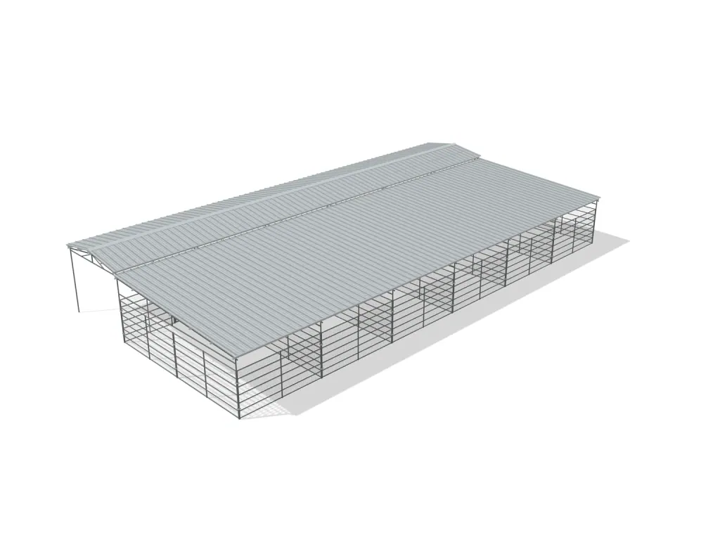 6-stall shed row mare motel, 12 by 24 ft stalls, 12 ft aisle, Welded wire 6 ft, full roof, bare metal.